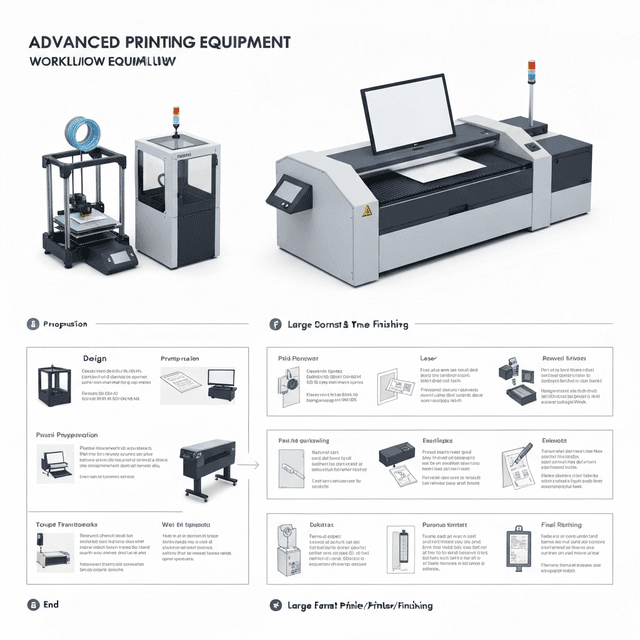 Advanced printing equipment and workflow diagram showing industrial machinery